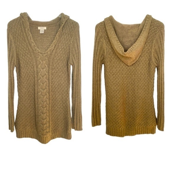 Vertico Paris Sweaters - Vertico Taupe/Brown Hooded Cable Knit Sweater VNeck Ribbed Cuffs/Hem Size L